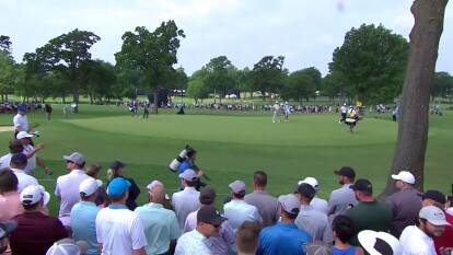 Keegan Bradley Holes out from the Bunker on 9 for Birdie