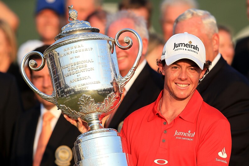 Rory McIlroy holds the trophy after winning the PGA Championship at Kiawah Island