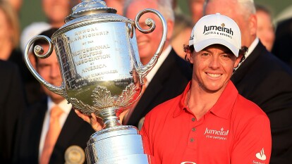 Rory McIlroy holds the trophy after winning the PGA Championship at Kiawah Island