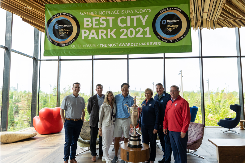 Championship Director of the PGA Championship, Bryan Karns, Executive Committee of Whirlpool, Jeff Noel, Angela Tanigawa, Ken Tanigawa, Whirlpool Director of Global Corporate Reputation and Community Relations, Deb O'Connor, PGA of America Secretary, Don Rea Jr. and PGA of America President, Jim Richerson during the 2021 Senior PGA Championship Media Day.