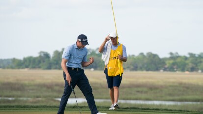 Beach reacts to draining a putt during the 2019 PGA Professional Championship