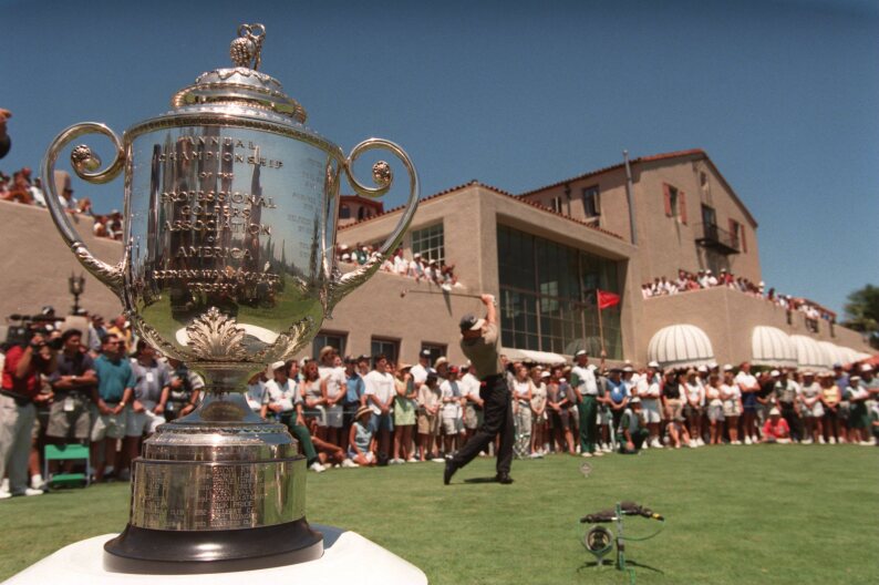 The Wanamaker Trophy greeted players on the first tee during the final round of the 77th PGA Championship at Riviera Country Club in Pacific Palisades, California. 