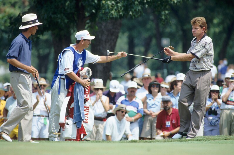 Corey Pavin, Nick Price and his caddie Jeff Medlin during the 76th PGA Championship held at Southern Hills Country Club