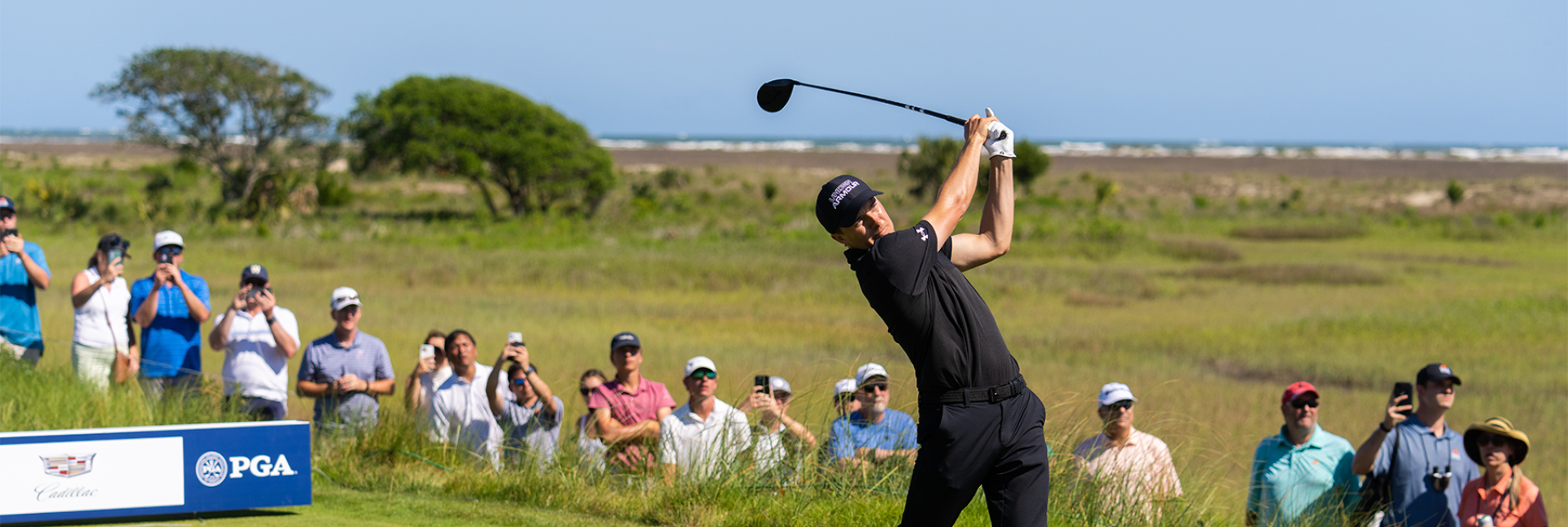 Jordan Spieth hits his tee shot on the ninth hole during the first round of the 2021 PGA Championship