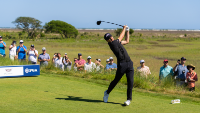 Jordan Spieth hits his tee shot on the ninth hole during the first round of the 2021 PGA Championship