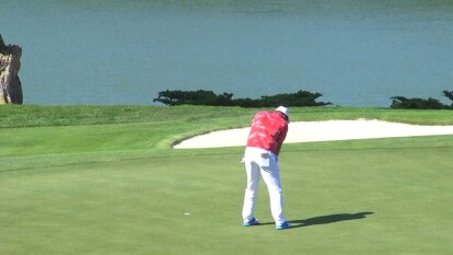 Bryson DeChambeau has a birdie putt on hole 16