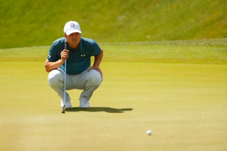 Jordan Spieth reads his putt on the sixth hole during the third round of the 2021 PGA Championship