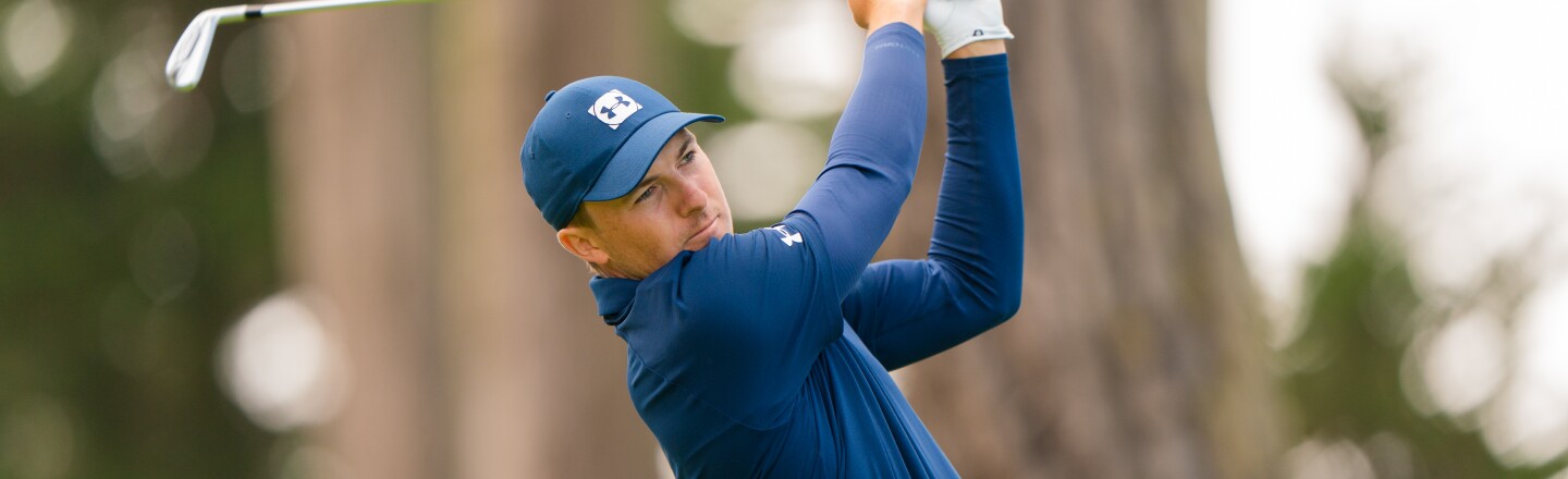 Jordan Spieth hits his tee shot on the eighth hole during the first round of the 102nd PGA Championship