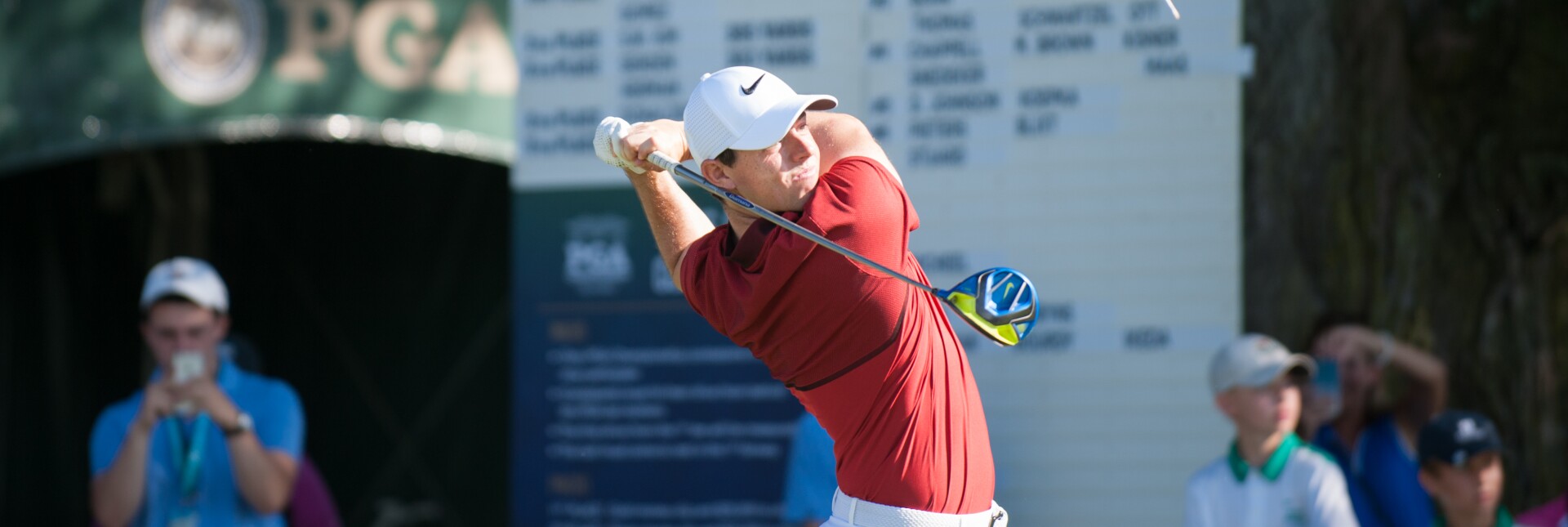 Rory McIlroy watches his tee shot during the PGA Championship Long Drive Competition