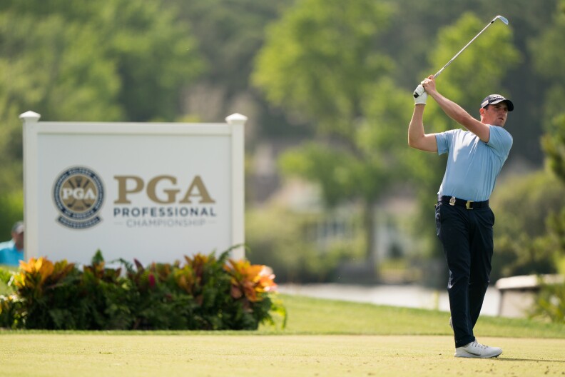 Alex Beach watches a shot during the 2019 PGA Professional Championship